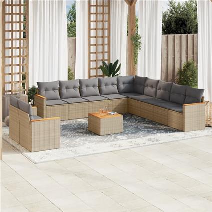 vidaXL 12 pcs conj. sofás jardim c/ almofadões vime PE bege misturado