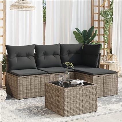 vidaXL 5 pcs conjunto sofás de jardim c/ almofadões vime PE cinzento