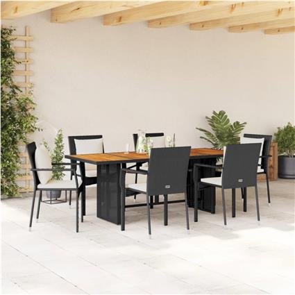 vidaXL 7 pcs conjunto de jantar p/ jardim c/ almofadões vime PE preto