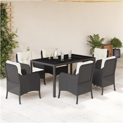 vidaXL 7 pcs conjunto de jantar p/ jardim c/ almofadões vime PE preto