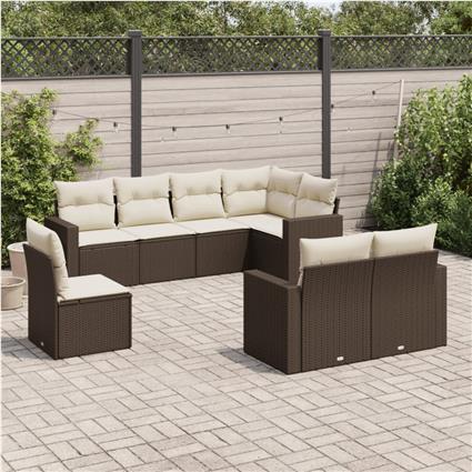 vidaXL 8 pcs conjunto sofás de jardim c/ almofadões vime PE castanho
