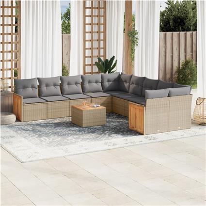 vidaXL 11 pcs conjunto sofás de jardim c/ almofadões vime PE bege