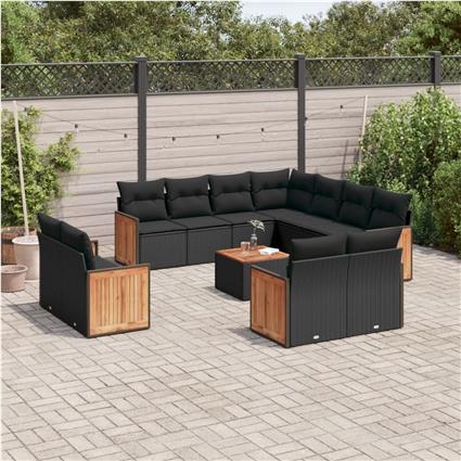 vidaXL 12 pcs conjunto de sofás de jardim c/ almofadões vime PE preto