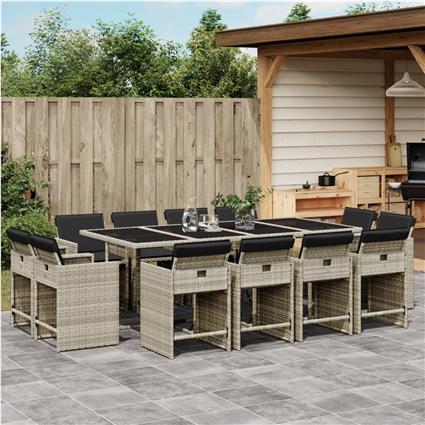 vidaXL 13 pcs conj. jantar jardim c/ almofadões vime PE cinzento-claro