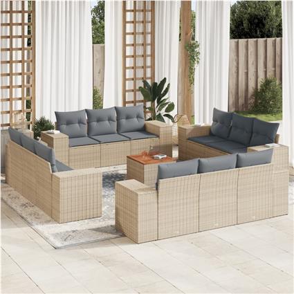 vidaXL 13 pcs conjunto de sofás p/ jardim com almofadões vime PE bege