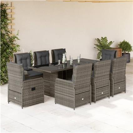 vidaXL 9 pcs conjunto de jantar p/ jardim c/ almofadões vime PE cinza