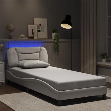 vidaXL Estrutura de cama c/ luzes LED 90x200cm couro artificial branco