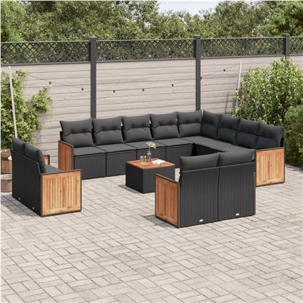 vidaXL 13 pcs conjunto de sofás de jardim com almofadões vime PE preto