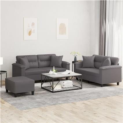 vidaXL 3 pcs conjunto de sofás com almofadas couro artificial cinzento