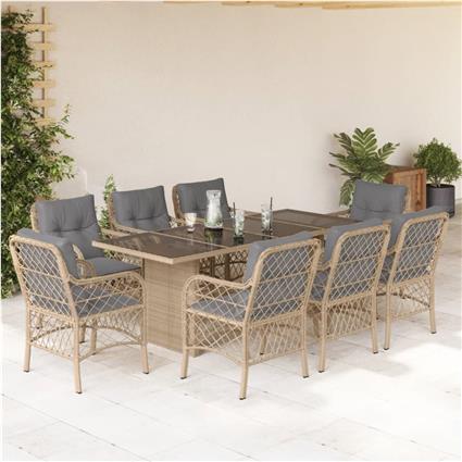 vidaXL 9 pcs conj. jantar jardim c/ almofadões vime PE bege misturado