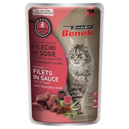 Super Benek Sem cereais Filetes ao vapor 56 x 85 g - Pack económico - Vaca com tomate em molho