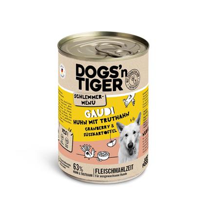 Dogs'n Tiger menu gourmet para cães 12 x 400 g - Pack económico - Frango com peru, mirtilos-vermelhos e batata-doce