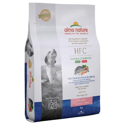 Almo Nature HFC 8 kg ração para cães em promoção: 1 kg grátis! - Puppy M-L com robalo e dourada