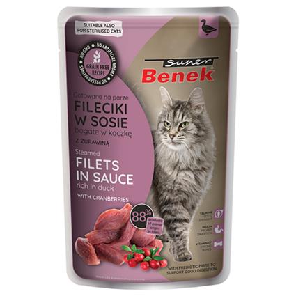 Super Benek Sem cereais Filetes ao vapor 28 x 85 g - Pato com mirtilos-vermelhos em molho
