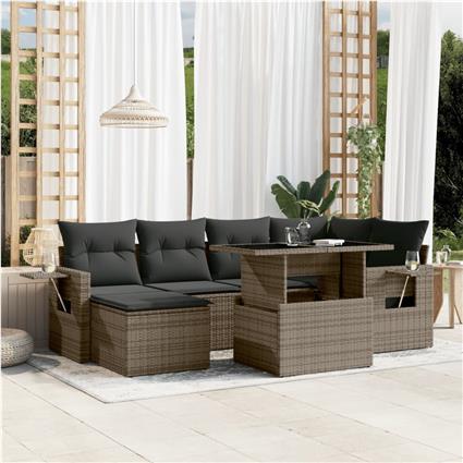 vidaXL 7 pcs conjunto sofás p/ jardim c/ almofadões vime PE cinzento