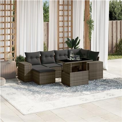 vidaXL 7 pcs conjunto sofás p/ jardim c/ almofadões vime PE cinzento