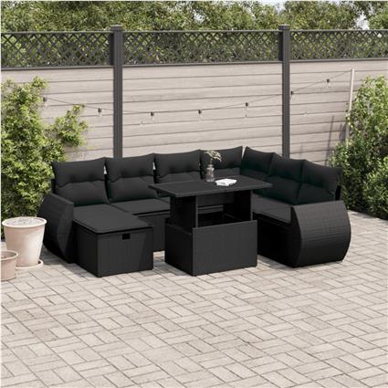 vidaXL 8 pcs conjunto sofás de jardim com almofadões vime PE preto