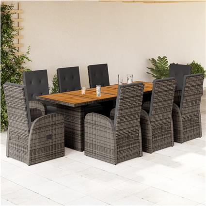 vidaXL 9 pcs conjunto de jantar p/ jardim c/ almofadões vime PE cinza