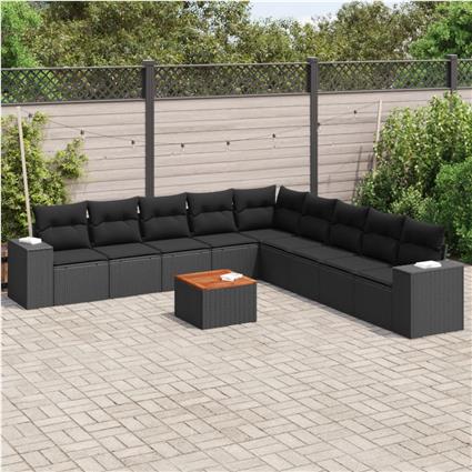 vidaXL 10 pcs conjunto sofás de jardim c/ almofadões vime PE preto