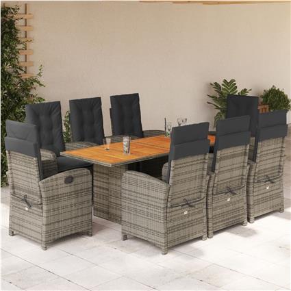 vidaXL 9 pcs conjunto de jantar p/ jardim c/ almofadões vime PE cinza
