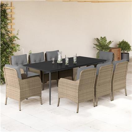 vidaXL 9 pcs conjunto de jantar p/ jardim com almofadões vime PE bege