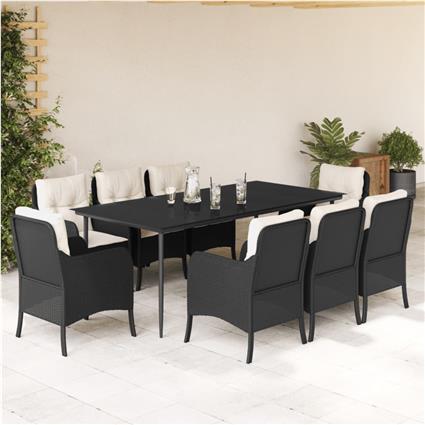 vidaXL 9 pcs conjunto de jantar p/ jardim c/ almofadões vime PE preto