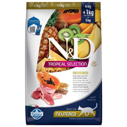 Farmina N&d Tropical Selection 4+1kg Neutered Cat Food With Lamb Transparente