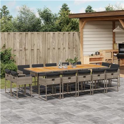 vidaXL 15 pcs conjunto jantar p/ jardim c/ almofadões vime PE cinzento