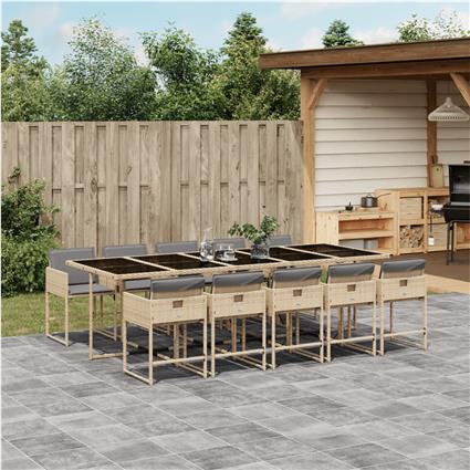 vidaXL 11 pcs conj. jantar jardim c/ almofadões vime PE bege misturado