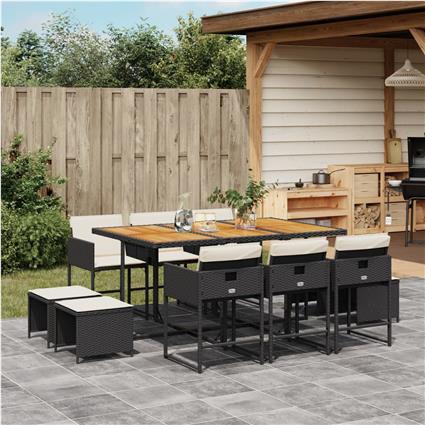 vidaXL 11 pcs conjunto de jantar p/ jardim c/ almofadões vime PE preto