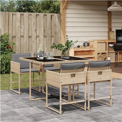 vidaXL 5pcs conj. jantar jardim c/ almofadões vime PE bege misturado