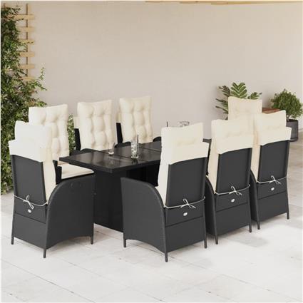 vidaXL 9 pcs conjunto de jantar p/ jardim c/ almofadões vime PE preto
