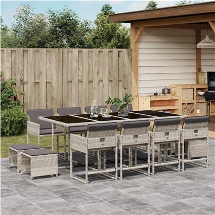 vidaXL 13 pcs conj. jantar jardim c/ almofadões vime PE cinzento-claro