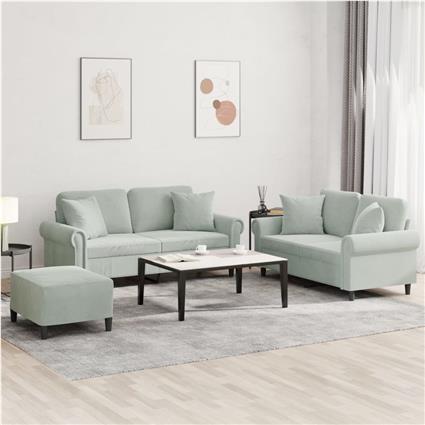 vidaXL 3 pcs conjunto de sofás com almofadas veludo cinzento-claro
