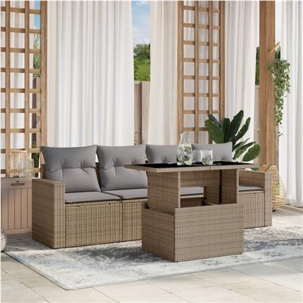 vidaXL 5 pcs conjunto de sofás p/ jardim com almofadões vime PE bege