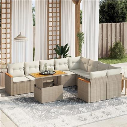 vidaXL 10 pcs conjunto de sofás p/ jardim com almofadões vime PE bege