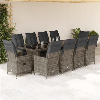 vidaXL 11 pcs conjunto bistrô de jardim c/ almofadões vime PE cinzento