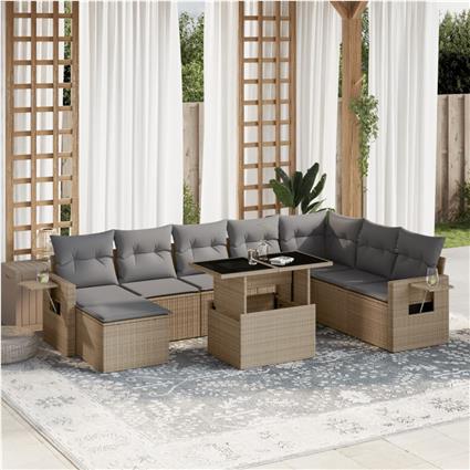 vidaXL 9 pcs conjunto de sofás p/ jardim com almofadões vime PE bege