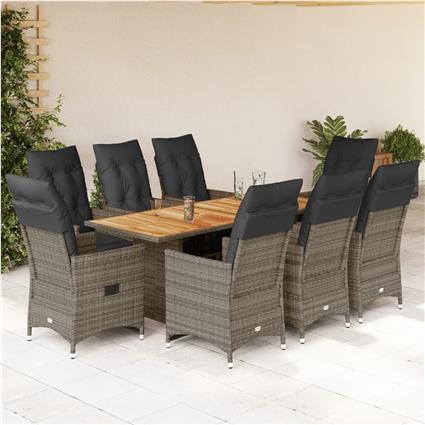 vidaXL 9 pcs conjunto bistrô de jardim c/ almofadões vime PE cinzento