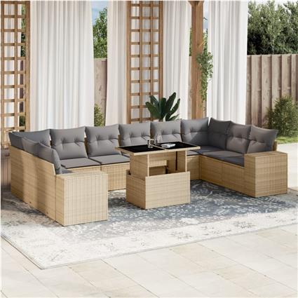 vidaXL 11 pcs conjunto sofás de jardim c/ almofadões vime PE bege