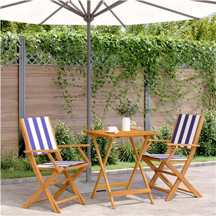 vidaXL 3pcs conjunto bistrô tecido/madeira maciça padrão azul e branco