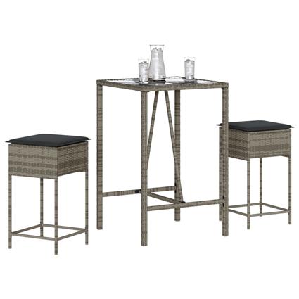 vidaXL 3 pcs conjunto de bar p/ jardim c/ almofadões vime PE cinzento