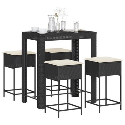 vidaXL 5 pcs conjunto de bar p/ jardim c/ almofadões vime PE preto