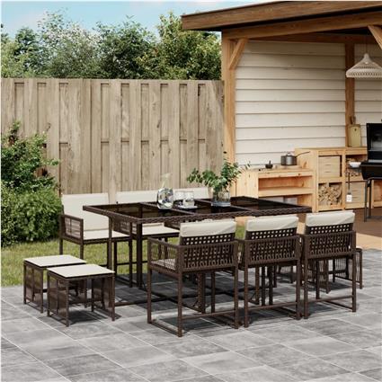 vidaXL 11 pcs conjunto jantar p/ jardim c/ almofadões vime PE castanho