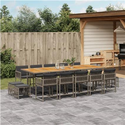 vidaXL 15 pcs conjunto jantar p/ jardim c/ almofadões vime PE cinzento