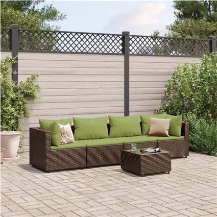 vidaXL 5 pcs conjunto lounge jardim c/ almofadões vime PE castanho