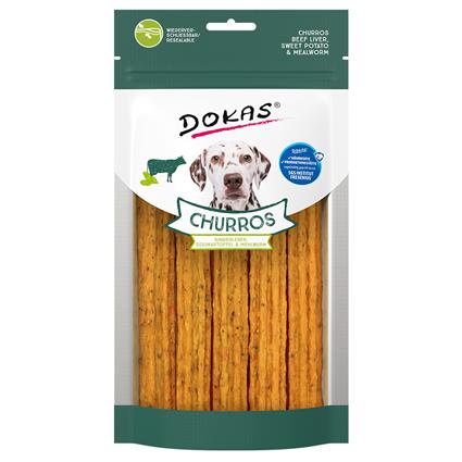 Dokas Churros com fígado de vaca, batata-doce e larvas de farinha - Pack económico: 4 x aprox. 150 g