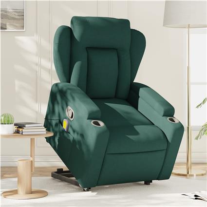 vidaXL Poltrona reclinável elevatória de massagens tecido verde-escuro