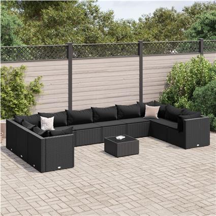 vidaXL 11 pcs conjunto lounge de jardim c/ almofadões vime PE preto