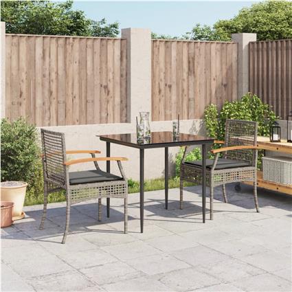 vidaXL 3 pcs conjunto de jantar p/ jardim c/ almofadões vime PE cinza